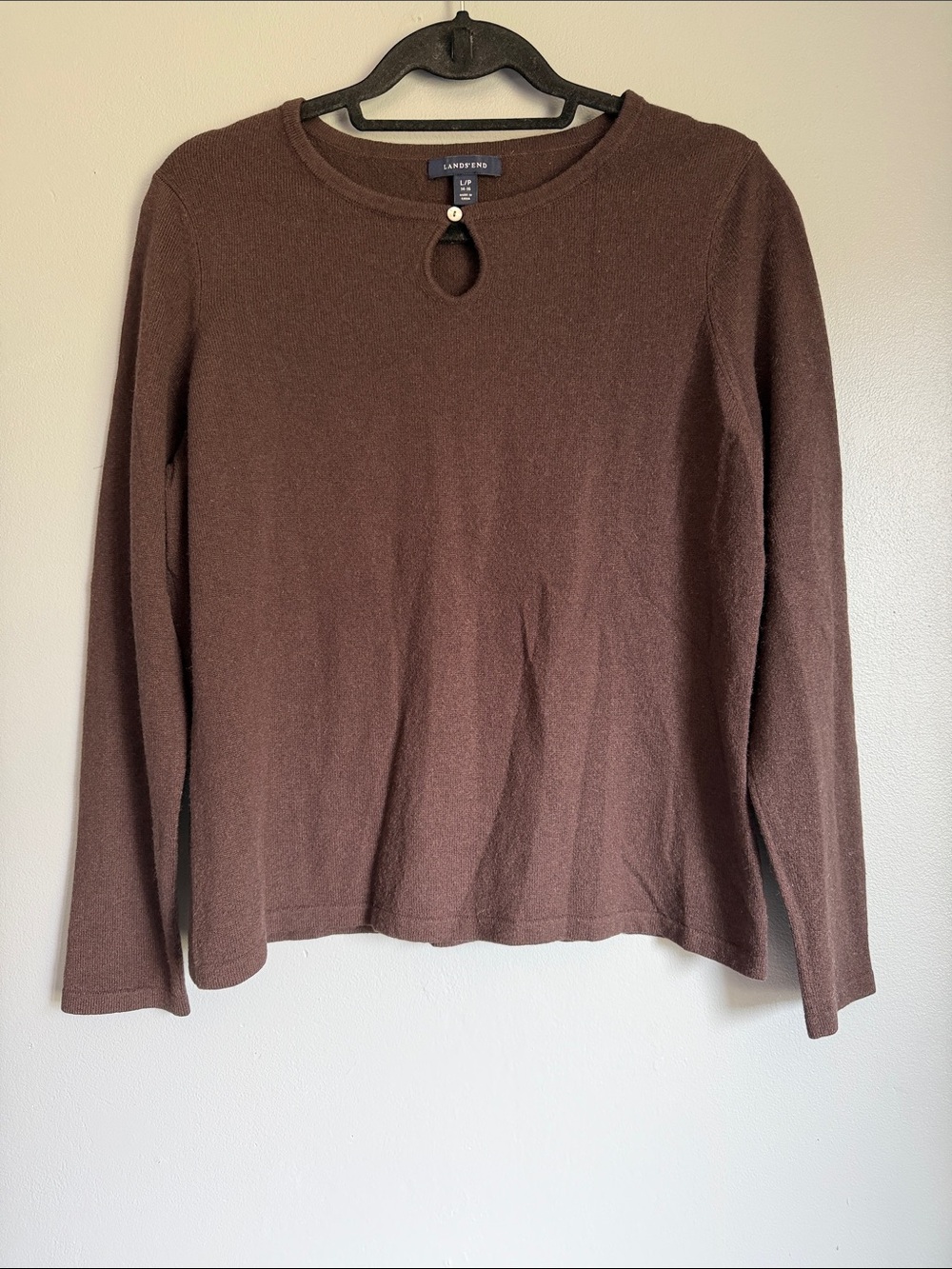 Lands' End Classic Earthy Neutral Brown 100% Cashmere Keyhole Neck Sweater LP